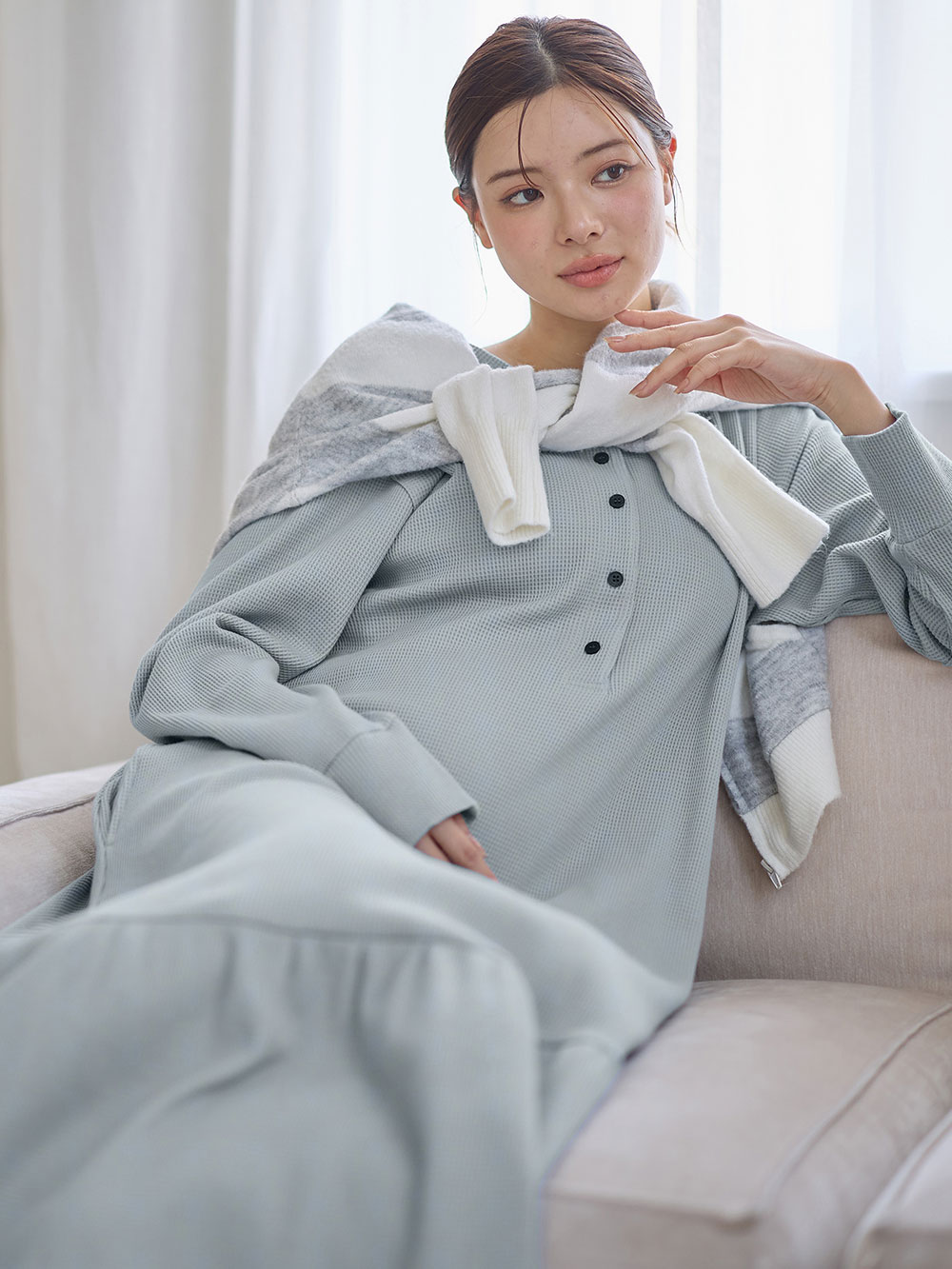 マタニティ パジャマ・ルームウェア|サーマルティアードリラックスネグリジェ　マタニティ・授乳パジャマ【出産後も長く使える】|グレイッシュブルー