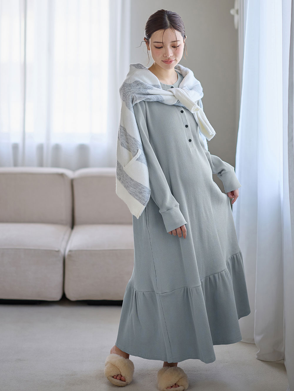 マタニティ パジャマ・ルームウェア|サーマルティアードリラックスネグリジェ　マタニティ・授乳パジャマ【出産後も長く使える】|グレイッシュブルー