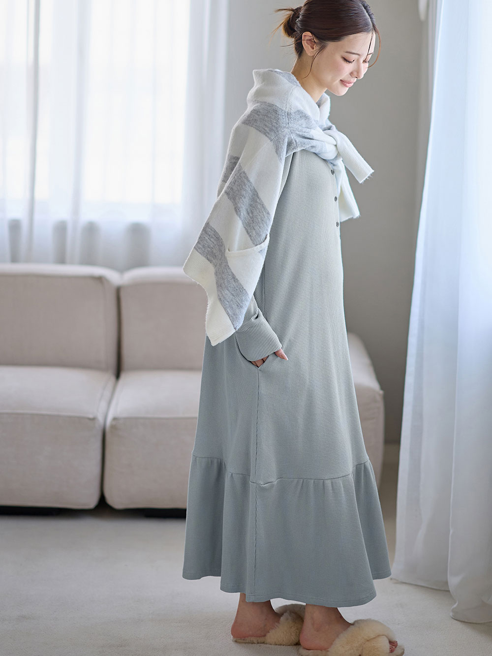 マタニティ パジャマ・ルームウェア|サーマルティアードリラックスネグリジェ　マタニティ・授乳パジャマ【出産後も長く使える】|グレイッシュブルー