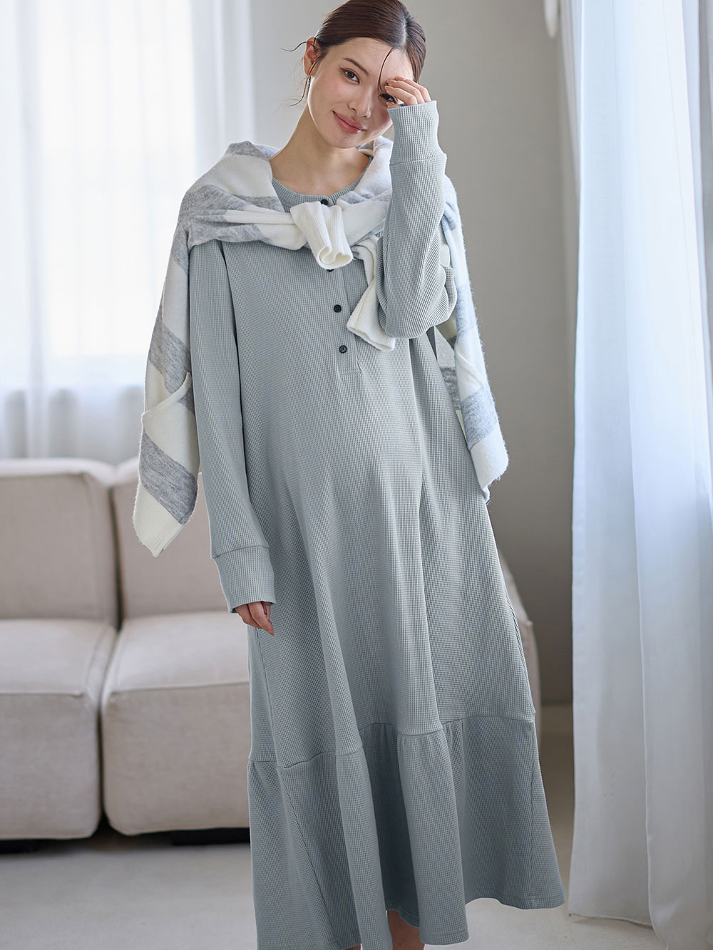 マタニティ パジャマ・ルームウェア|サーマルティアードリラックスネグリジェ　マタニティ・授乳パジャマ【出産後も長く使える】|グレイッシュブルー