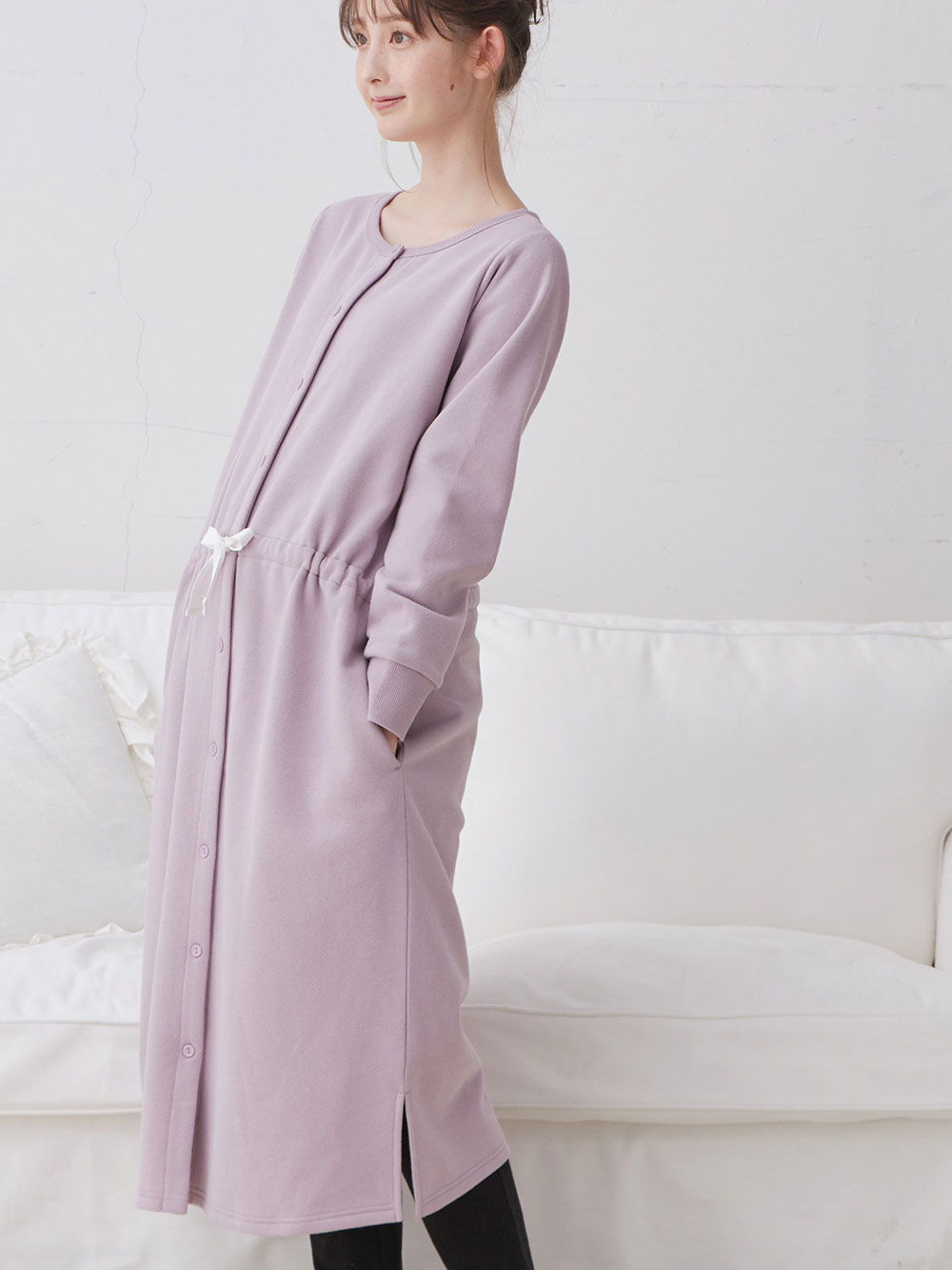 マタニティ パジャマ・ルームウェア|裏毛裏起毛ウエスト切替ワンピース&産後も使えるレギンスパジャマ　　マタニティ・授乳パジャマ【出産後も長く使える】|パープル