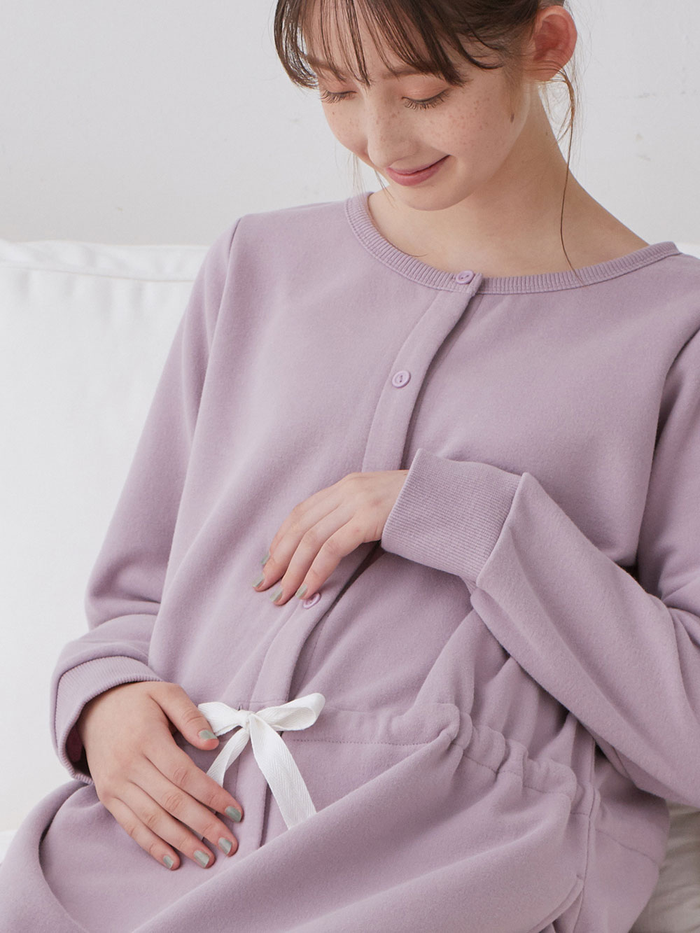 マタニティ パジャマ・ルームウェア|裏毛裏起毛ウエスト切替ワンピース&産後も使えるレギンスパジャマ　　マタニティ・授乳パジャマ【出産後も長く使える】|パープル