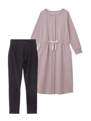 マタニティ パジャマ・ルームウェア|裏毛裏起毛ウエスト切替ワンピース&産後も使えるレギンスパジャマ　　マタニティ・授乳パジャマ【出産後も長く使える】|パープル