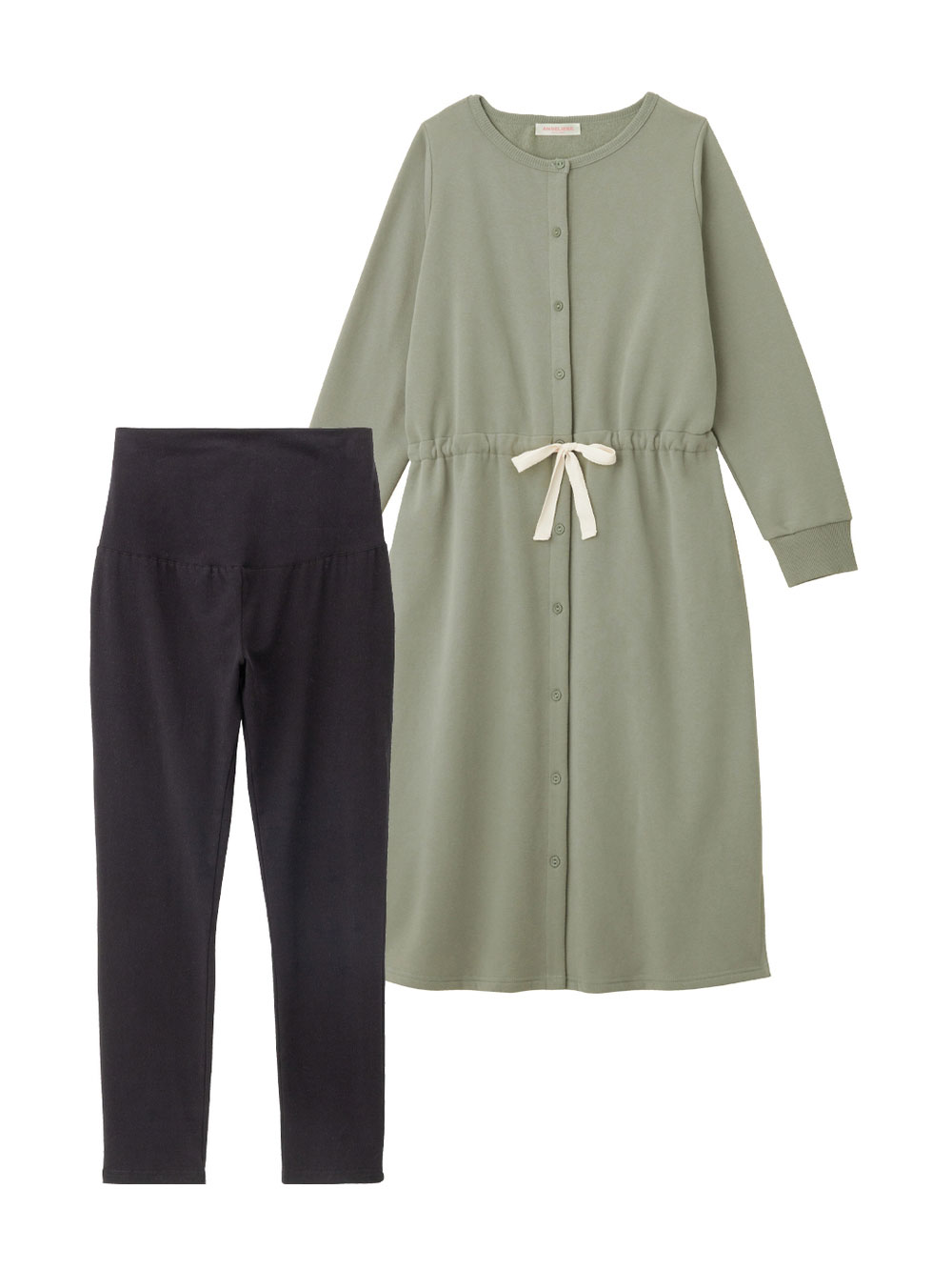 マタニティ パジャマ・ルームウェア|裏毛裏起毛ウエスト切替ワンピース&産後も使えるレギンスパジャマ　　マタニティ・授乳パジャマ【出産後も長く使える】|カーキ