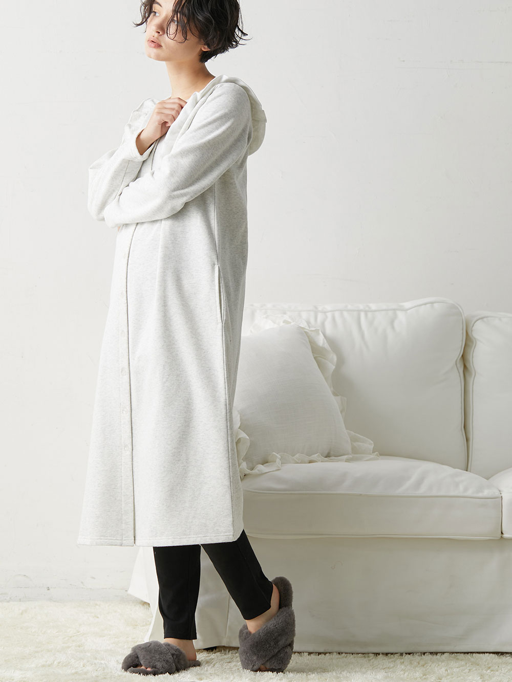 マタニティ パジャマ・ルームウェア|裏毛裏起毛ラッフルワンピース&産後も使えるレギンスパジャマ　マタニティ・授乳パジャマ【出産後も長く使える】|オートミール