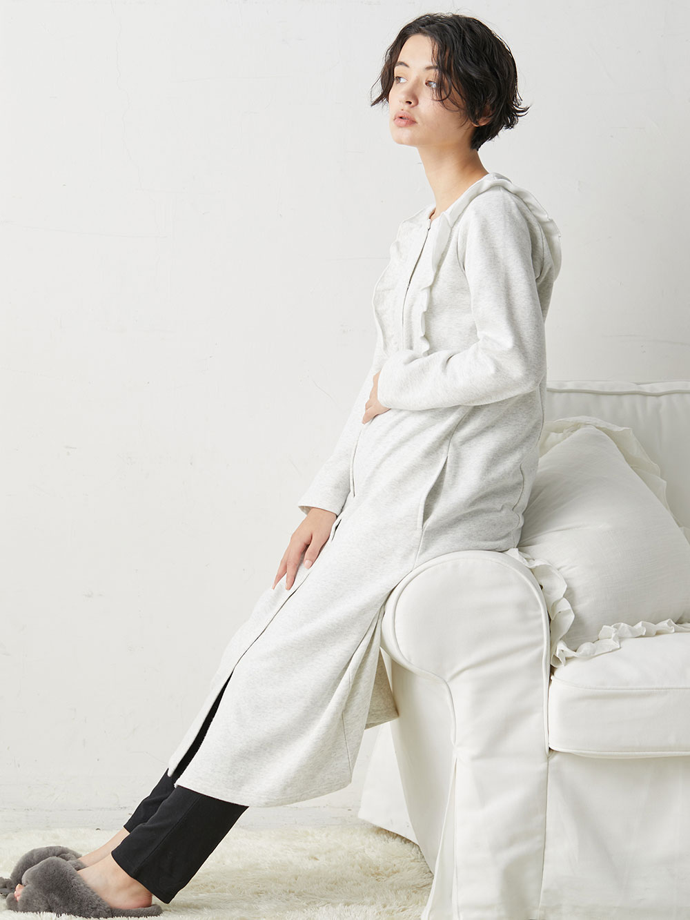 マタニティ パジャマ・ルームウェア|裏毛裏起毛ラッフルワンピース&産後も使えるレギンスパジャマ　マタニティ・授乳パジャマ【出産後も長く使える】|オートミール