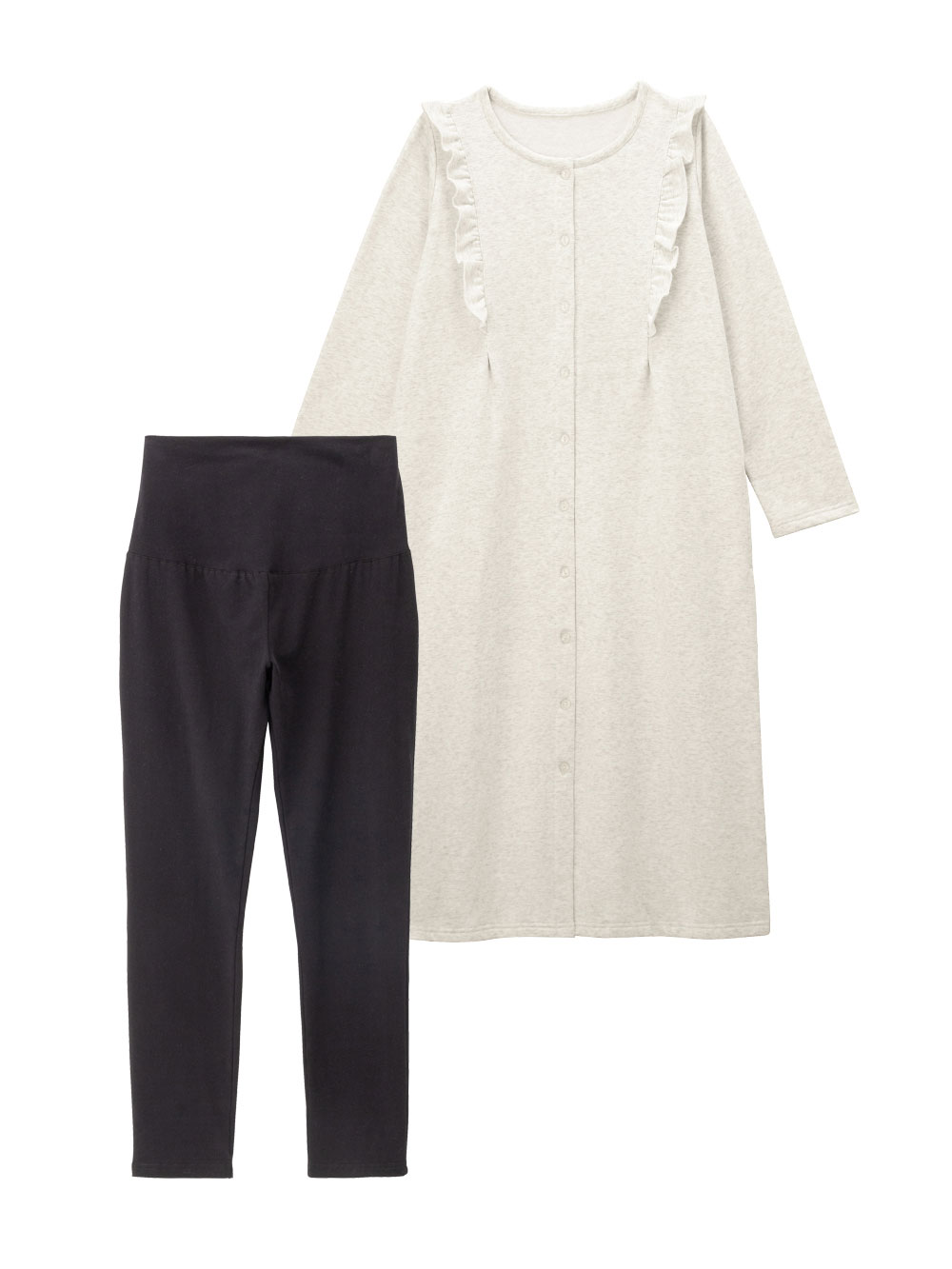 マタニティ パジャマ・ルームウェア|裏毛裏起毛ラッフルワンピース&産後も使えるレギンスパジャマ　マタニティ・授乳パジャマ【出産後も長く使える】|オートミール