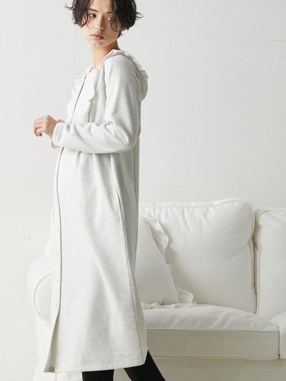 マタニティ パジャマ・ルームウェア|裏毛裏起毛ラッフルワンピース&産後も使えるレギンスパジャマ　マタニティ・授乳パジャマ【出産後も長く使える】|オートミール