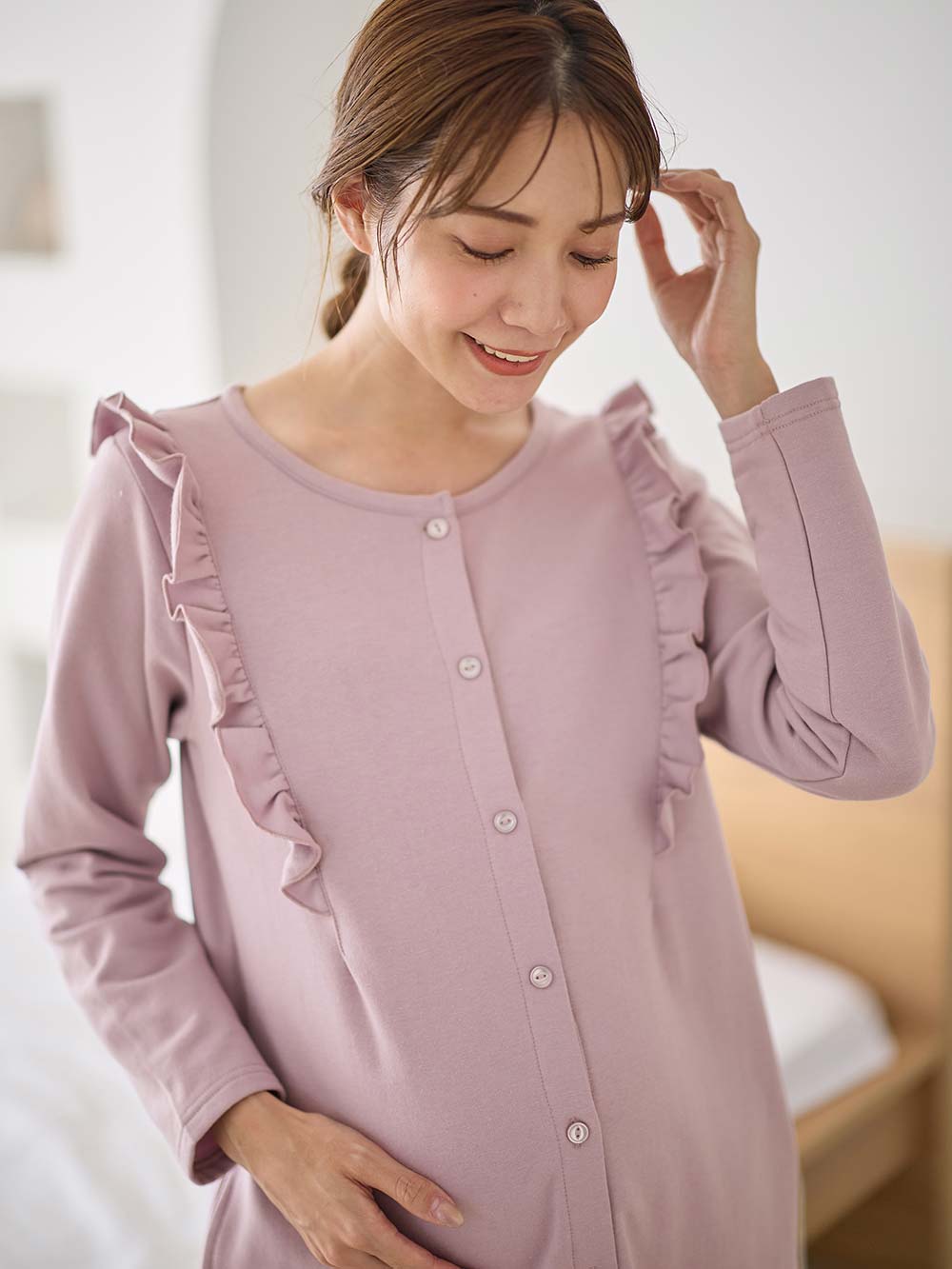マタニティ パジャマ・ルームウェア|裏毛裏起毛ラッフルワンピース&産後も使えるレギンスパジャマ　マタニティ・授乳パジャマ【出産後も長く使える】|パープル