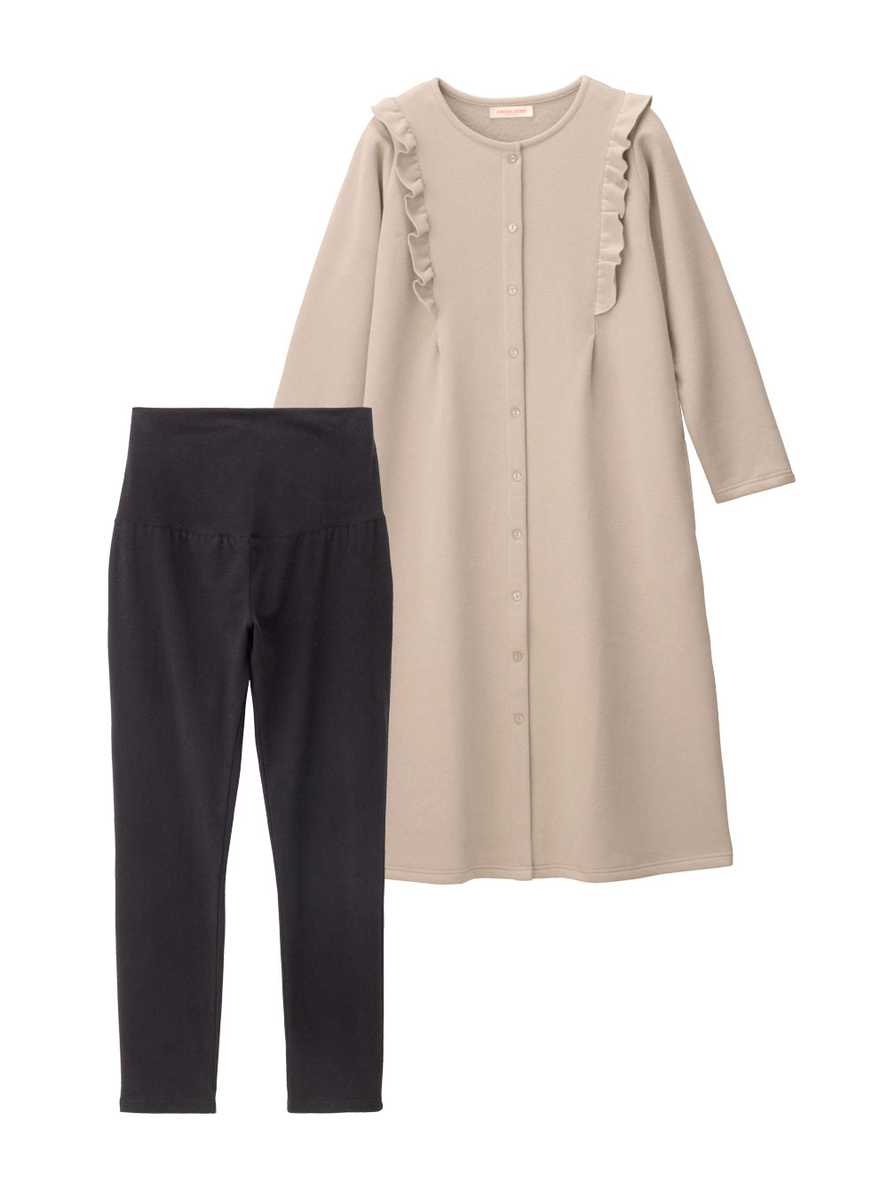 マタニティ パジャマ・ルームウェア|裏毛裏起毛ラッフルワンピース&産後も使えるレギンスパジャマ　マタニティ・授乳パジャマ【出産後も長く使える】|グレージュ