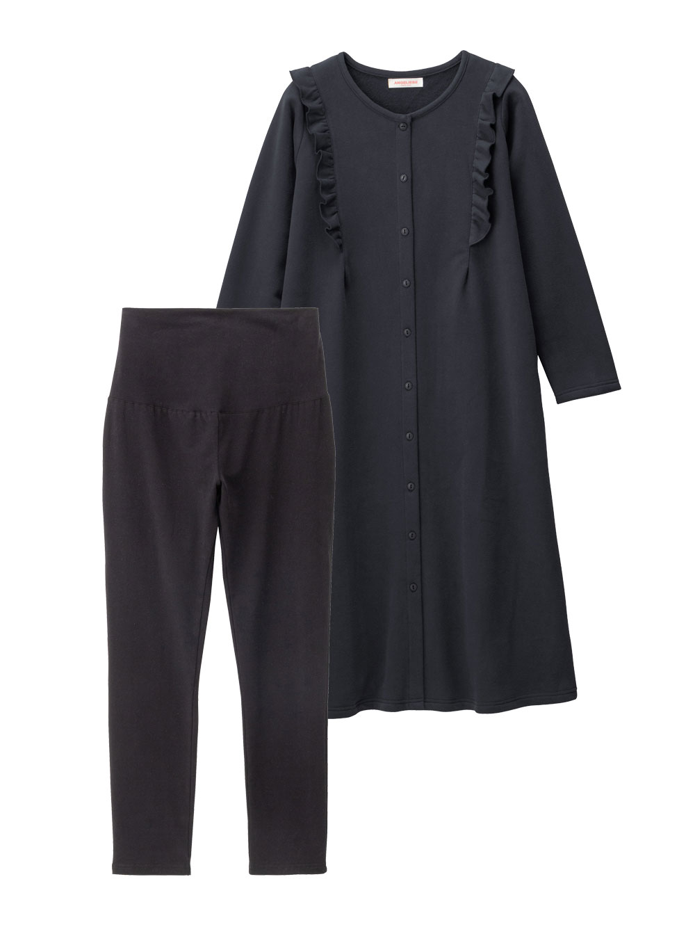 マタニティ パジャマ・ルームウェア|裏毛裏起毛ラッフルワンピース&産後も使えるレギンスパジャマ　マタニティ・授乳パジャマ【出産後も長く使える】|ネイビー