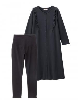 マタニティ パジャマ・ルームウェア|裏毛裏起毛ラッフルワンピース&産後も使えるレギンスパジャマ　マタニティ・授乳パジャマ【出産後も長く使える】|ネイビー