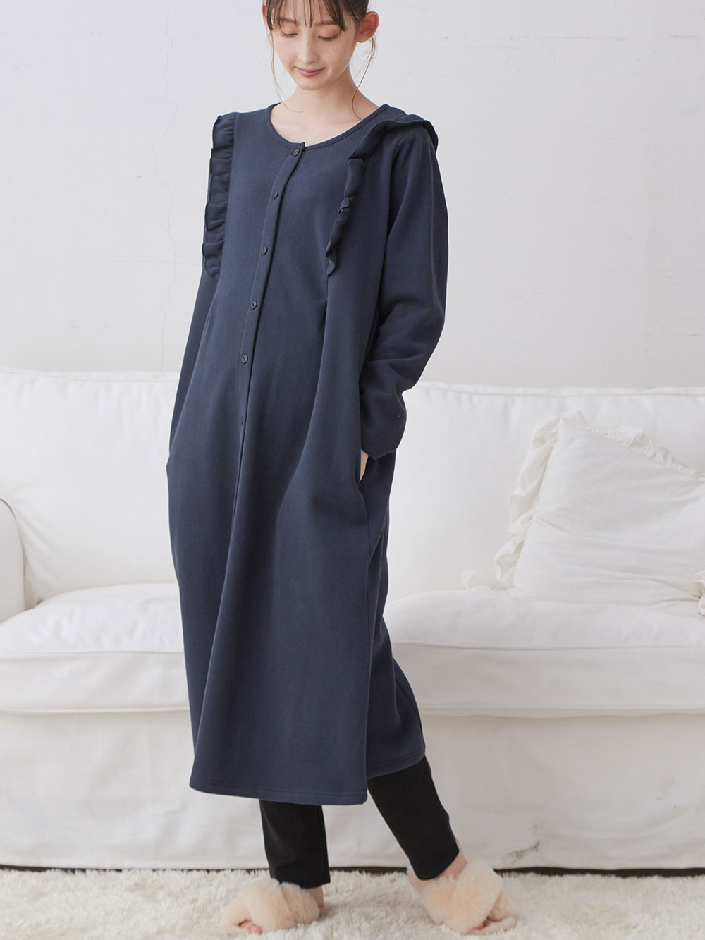 マタニティ パジャマ・ルームウェア|裏毛裏起毛ラッフルワンピース&産後も使えるレギンスパジャマ　マタニティ・授乳パジャマ【出産後も長く使える】|グレージュ