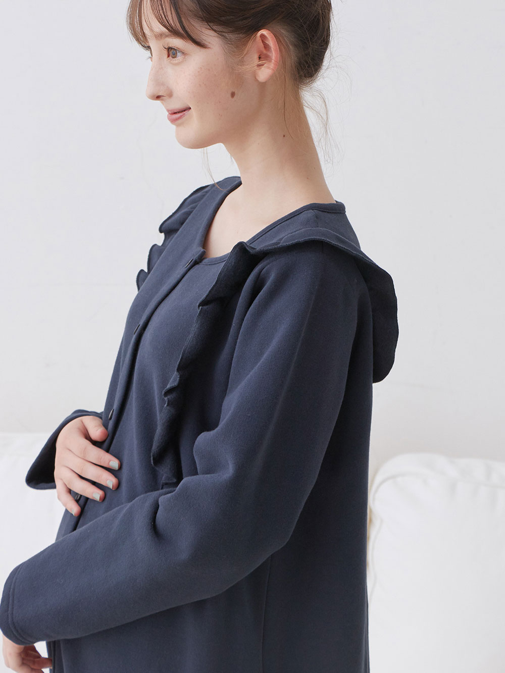 マタニティ パジャマ・ルームウェア|裏毛裏起毛ラッフルワンピース&産後も使えるレギンスパジャマ　マタニティ・授乳パジャマ【出産後も長く使える】|ネイビー