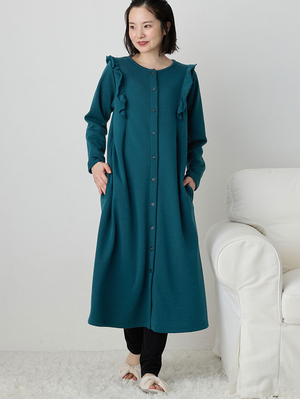 マタニティ パジャマ・ルームウェア|裏毛裏起毛ラッフルワンピース&産後も使えるレギンスパジャマ　マタニティ・授乳パジャマ【出産後も長く使える】|ネイビー