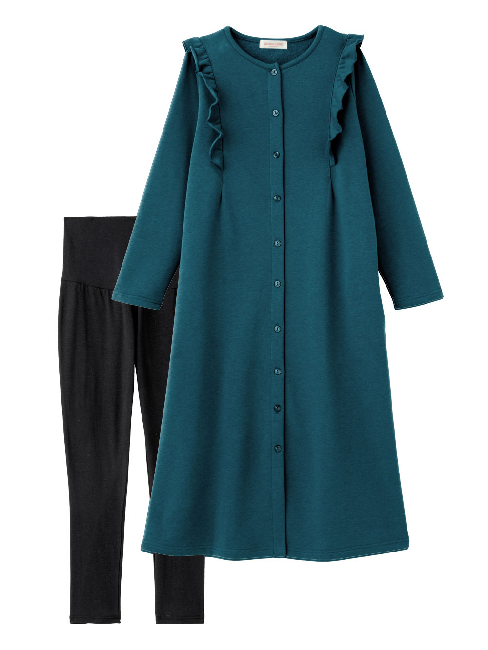 マタニティ パジャマ・ルームウェア|裏毛裏起毛ラッフルワンピース&産後も使えるレギンスパジャマ　マタニティ・授乳パジャマ【出産後も長く使える】|フォレストグリーン