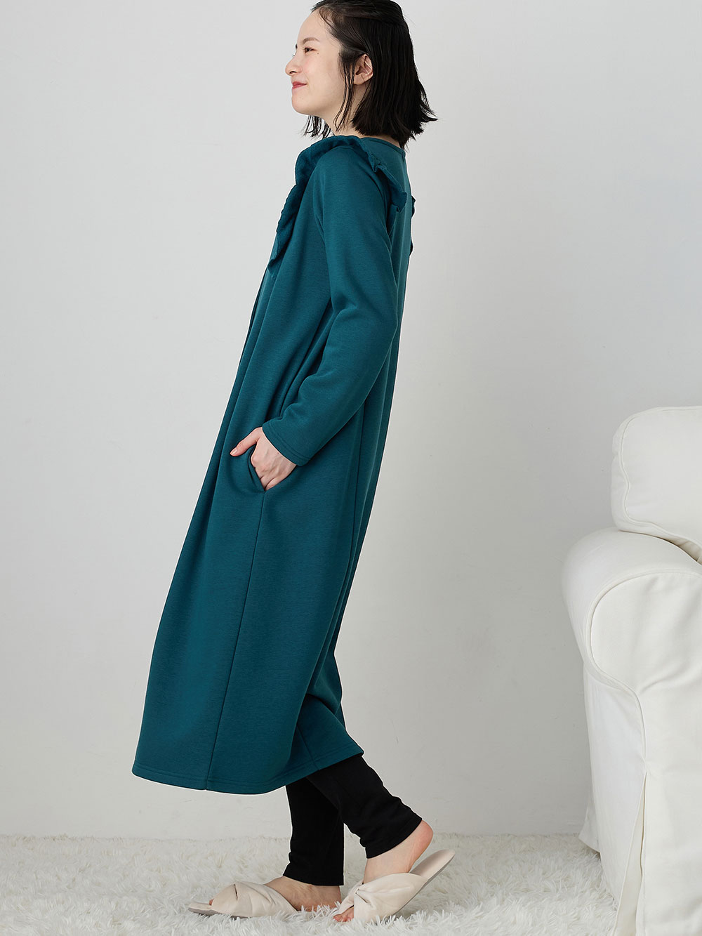 マタニティ パジャマ・ルームウェア|裏毛裏起毛ラッフルワンピース&産後も使えるレギンスパジャマ　マタニティ・授乳パジャマ【出産後も長く使える】|フォレストグリーン