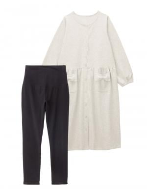 マタニティ パジャマ・ルームウェア|裏毛裏起毛リボンポケットギャザーワンピース&レギンスパジャマ　マタニティ・授乳パジャマ【出産後も長く使える】|オートミール