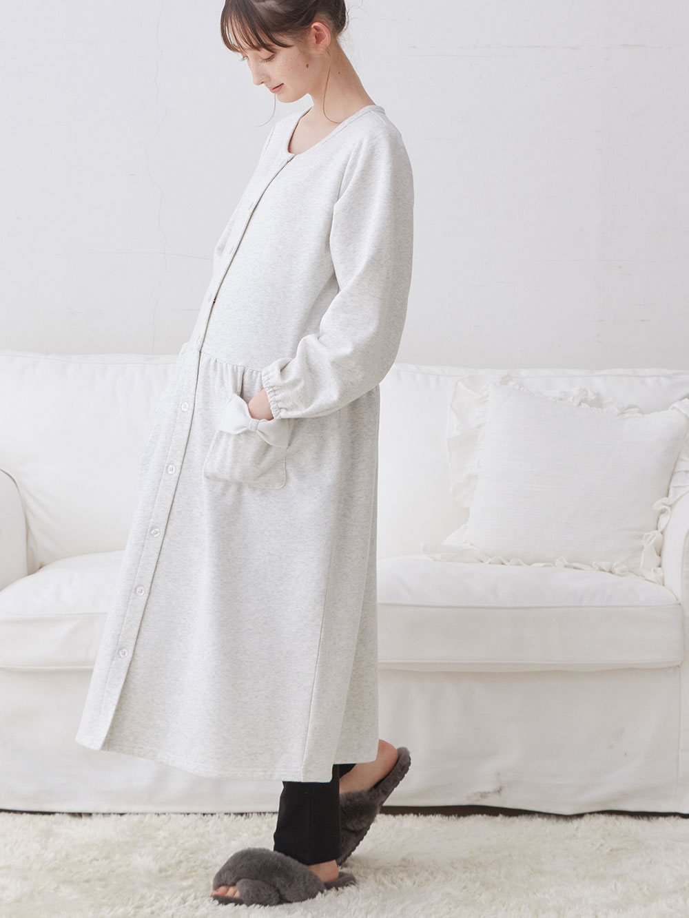 マタニティ パジャマ・ルームウェア|裏毛裏起毛リボンポケットギャザーワンピース&レギンスパジャマ　マタニティ・授乳パジャマ【出産後も長く使える】|オートミール