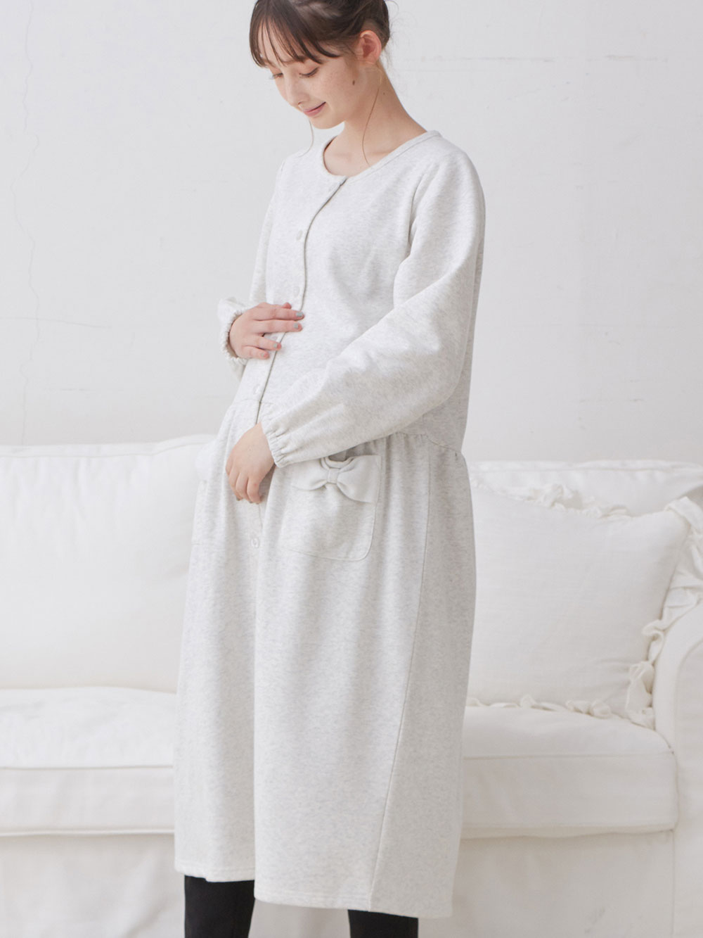 マタニティ パジャマ・ルームウェア|裏毛裏起毛リボンポケットギャザーワンピース&レギンスパジャマ　マタニティ・授乳パジャマ【出産後も長く使える】|オートミール