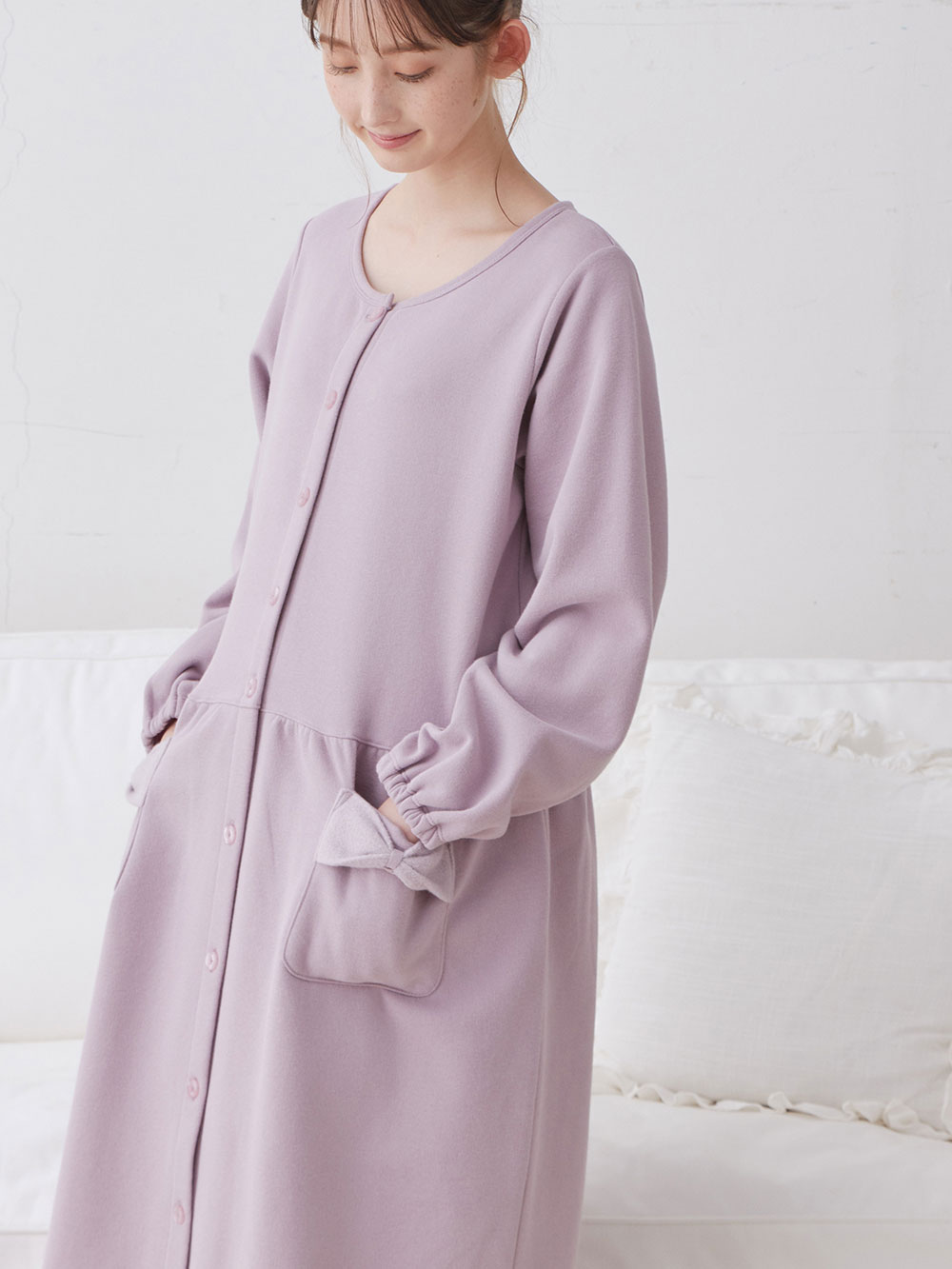 マタニティ パジャマ・ルームウェア|裏毛裏起毛リボンポケットギャザーワンピース&レギンスパジャマ　マタニティ・授乳パジャマ【出産後も長く使える】|パープル