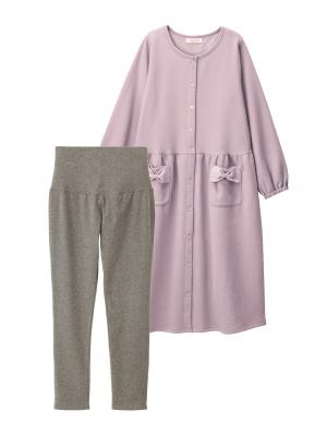 マタニティ パジャマ・ルームウェア|裏毛裏起毛リボンポケットギャザーワンピース&レギンスパジャマ　マタニティ・授乳パジャマ【出産後も長く使える】|パープル