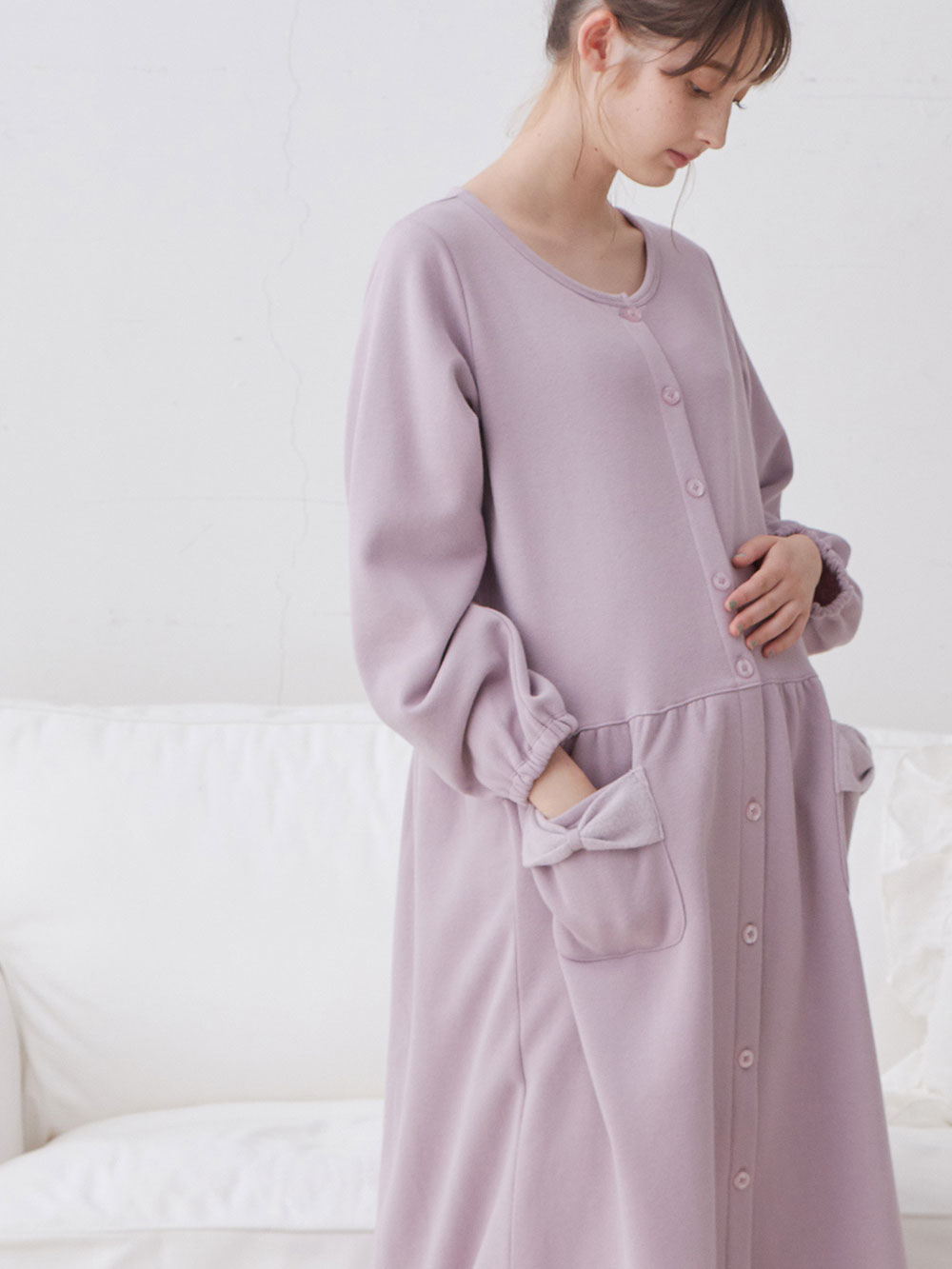 マタニティ パジャマ・ルームウェア|裏毛裏起毛リボンポケットギャザーワンピース&レギンスパジャマ　マタニティ・授乳パジャマ【出産後も長く使える】|パープル