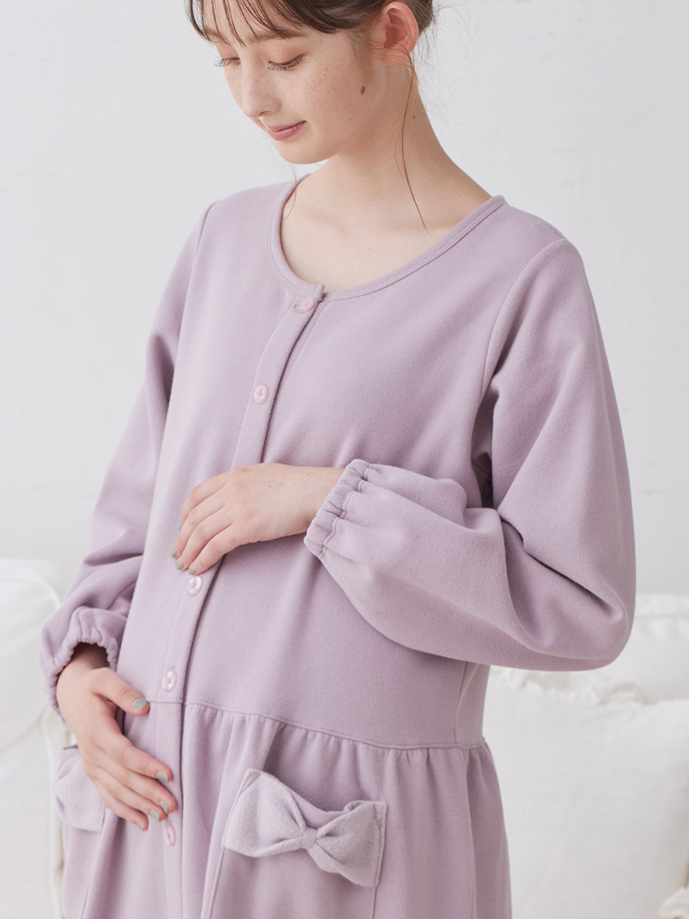 マタニティ パジャマ・ルームウェア|裏毛裏起毛リボンポケットギャザーワンピース&レギンスパジャマ　マタニティ・授乳パジャマ【出産後も長く使える】|パープル