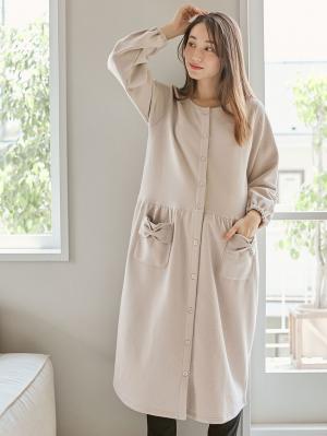 マタニティ パジャマ・ルームウェア|裏毛裏起毛リボンポケットギャザーワンピース&レギンスパジャマ　マタニティ・授乳パジャマ【出産後も長く使える】|グレージュ