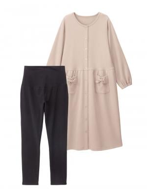 マタニティ パジャマ・ルームウェア|裏毛裏起毛リボンポケットギャザーワンピース&レギンスパジャマ　マタニティ・授乳パジャマ【出産後も長く使える】|グレージュ