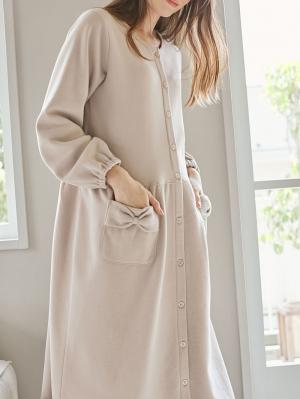 マタニティ パジャマ・ルームウェア|裏毛裏起毛リボンポケットギャザーワンピース&レギンスパジャマ　マタニティ・授乳パジャマ【出産後も長く使える】|グレージュ