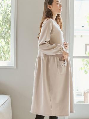 マタニティ パジャマ・ルームウェア|裏毛裏起毛リボンポケットギャザーワンピース&レギンスパジャマ　マタニティ・授乳パジャマ【出産後も長く使える】|グレージュ