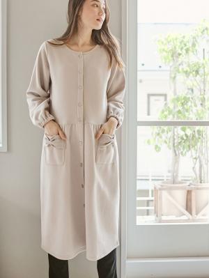 マタニティ パジャマ・ルームウェア|裏毛裏起毛リボンポケットギャザーワンピース&レギンスパジャマ　マタニティ・授乳パジャマ【出産後も長く使える】|グレージュ