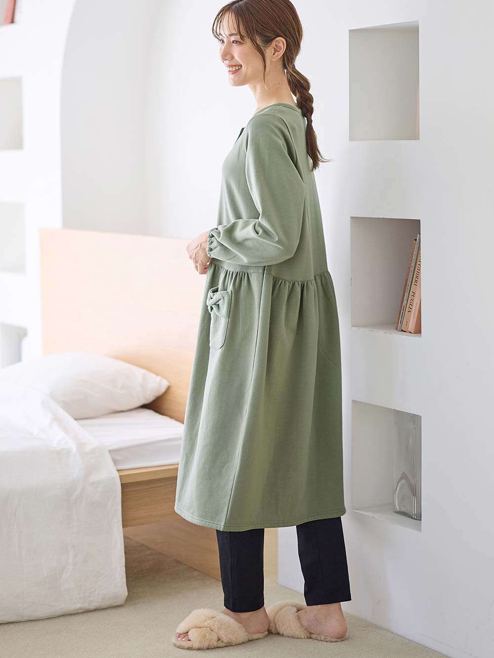 マタニティ パジャマ・ルームウェア|裏毛裏起毛リボンポケットギャザーワンピース&レギンスパジャマ　マタニティ・授乳パジャマ【出産後も長く使える】|カーキ