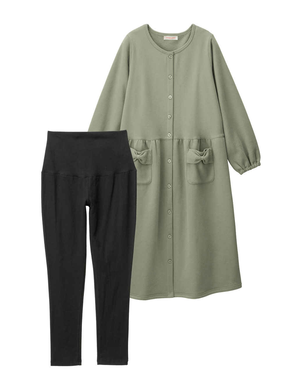 マタニティ パジャマ・ルームウェア|裏毛裏起毛リボンポケットギャザーワンピース&レギンスパジャマ　マタニティ・授乳パジャマ【出産後も長く使える】|カーキ