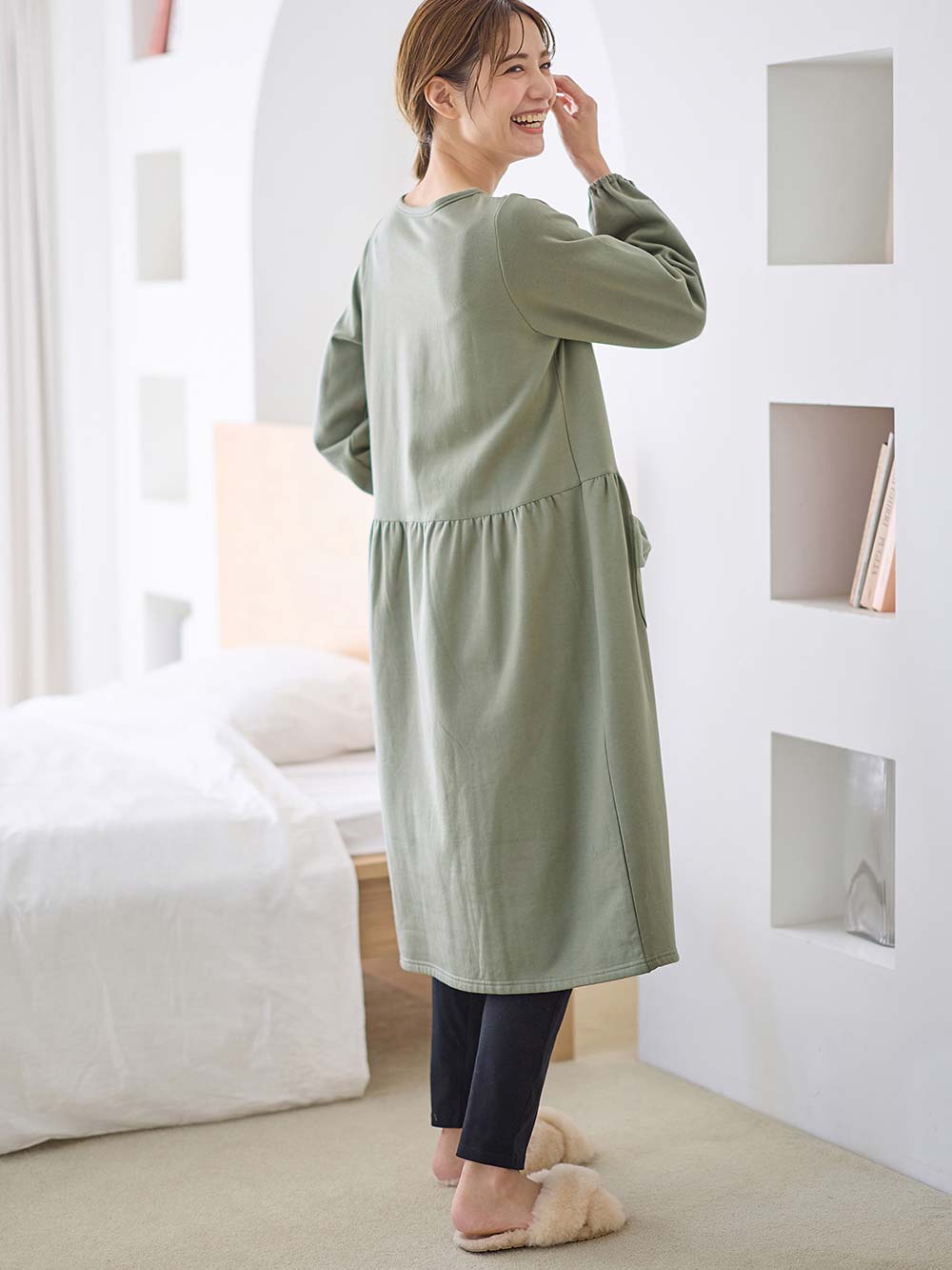 マタニティ パジャマ・ルームウェア|裏毛裏起毛リボンポケットギャザーワンピース&レギンスパジャマ　マタニティ・授乳パジャマ【出産後も長く使える】|カーキ