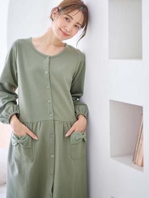 マタニティ パジャマ・ルームウェア|裏毛裏起毛リボンポケットギャザーワンピース&レギンスパジャマ　マタニティ・授乳パジャマ【出産後も長く使える】|カーキ