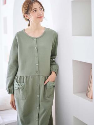 マタニティ パジャマ・ルームウェア|裏毛裏起毛リボンポケットギャザーワンピース&レギンスパジャマ　マタニティ・授乳パジャマ【出産後も長く使える】|カーキ