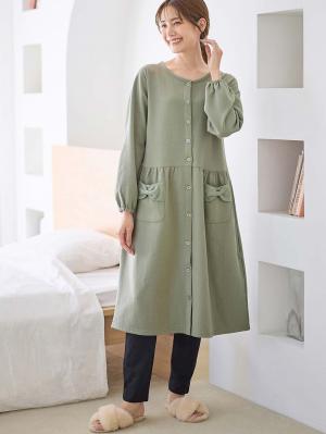 マタニティ パジャマ・ルームウェア|裏毛裏起毛リボンポケットギャザーワンピース&レギンスパジャマ　マタニティ・授乳パジャマ【出産後も長く使える】|カーキ
