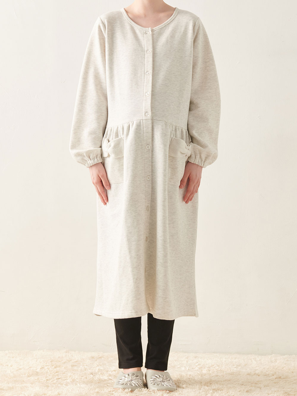 マタニティ パジャマ・ルームウェア|裏毛裏起毛リボンポケットギャザーワンピース&レギンスパジャマ　マタニティ・授乳パジャマ【出産後も長く使える】