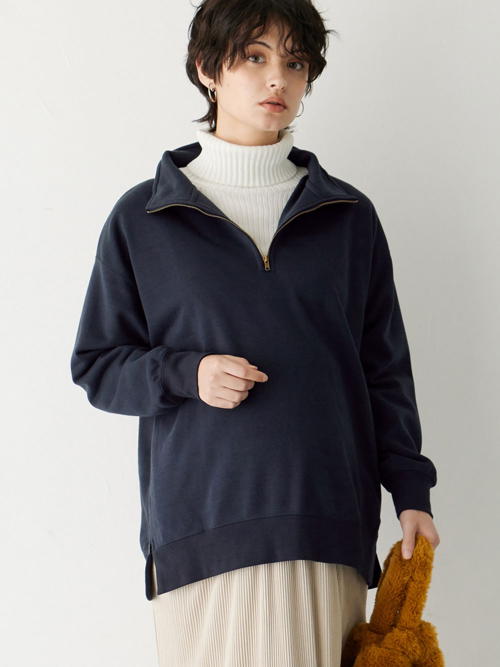 マタニティ トップス|裏毛裏起毛ジップスウェット　マタニティ・産後【出産後も長く使える】|ネイビー