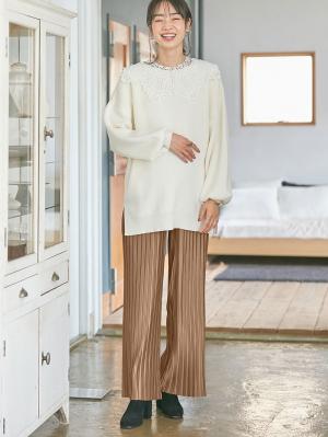 マタニティ パンツ|裾が床につかないフリーカットできるランダムプリーツワイドパンツ　マタニティ・産後【出産後も長く使える】|ベージュ