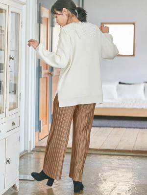 マタニティ パンツ|裾が床につかないフリーカットできるランダムプリーツワイドパンツ　マタニティ・産後【出産後も長く使える】|ベージュ