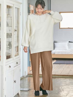 マタニティ パンツ|裾が床につかないフリーカットできるランダムプリーツワイドパンツ　マタニティ・産後【出産後も長く使える】|ベージュ