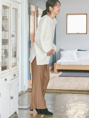 マタニティ パンツ|裾が床につかないフリーカットできるランダムプリーツワイドパンツ　マタニティ・産後【出産後も長く使える】|ベージュ