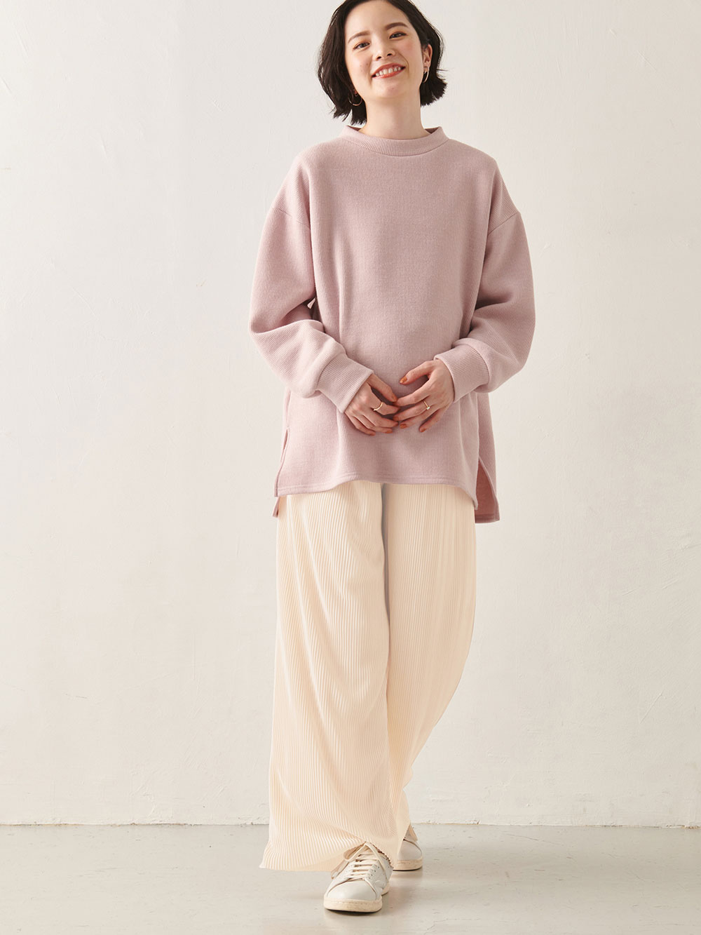 マタニティ パンツ|裾が床につかない機能付フリーカットできるプリーツパンツ マタニティ・産後【出産後も長く使える】|アイボリー