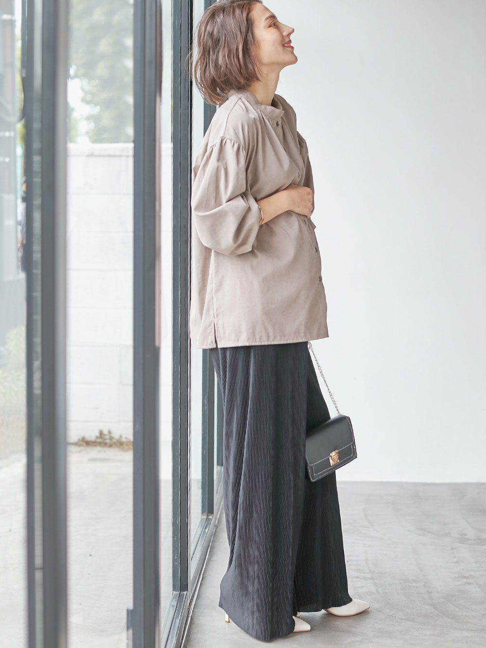 マタニティ パンツ|裾が床につかない機能付フリーカットできるプリーツパンツ マタニティ・産後【出産後も長く使える】|ブラック