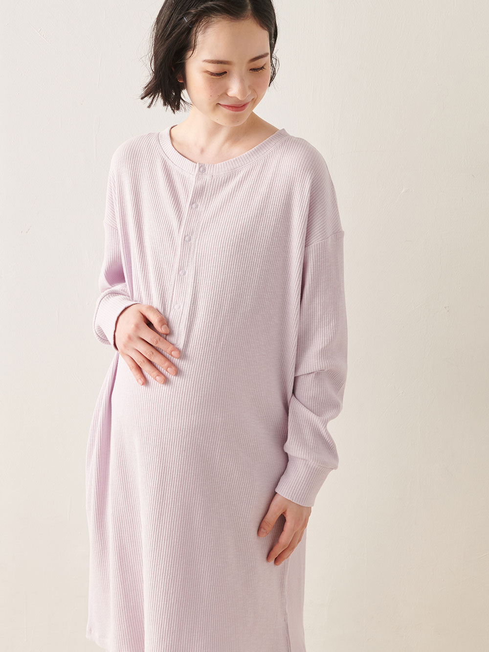 リブヘンリーネックトップスワイドパンツワンマイルセット マタニティ・授乳パジャマ【出産後も長く使える】 マタニティ パジャマ・ルームウェア(品番:10247) |マタニティウェア・授乳服通販| エンジェリーベ 公式 マタニティウェア 10点セット トップス パンツ パジャマ