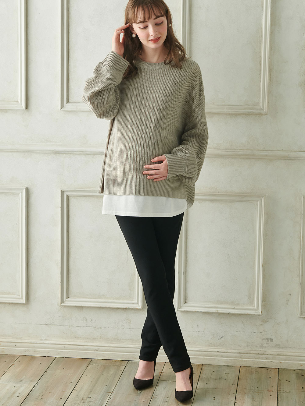 マタニティ パンツ|裏フェルトタッチ起毛スキニーパンツ　マタニティ・産後【出産後も長く使える】|ブラック