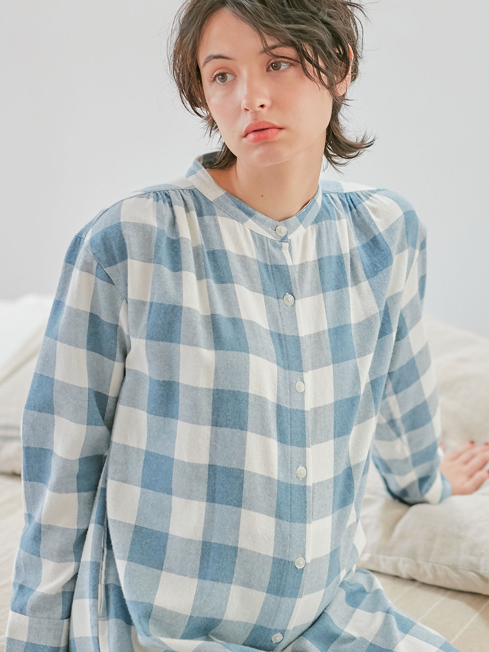 マタニティ パジャマ・ルームウェア|綿100%フランネルシャツワンピース＆産後も使えるレギンスパンツセット【出産後も長く使える】|ブルー